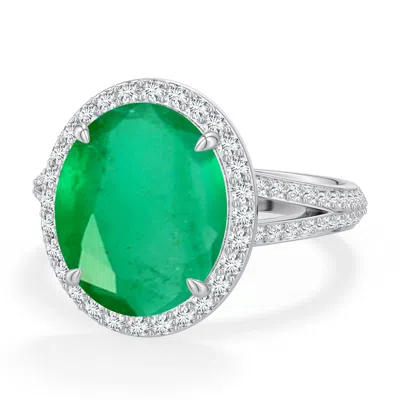 Angara 5.19 Ctw Oval Emerald Halo Engagement Ring With Accents In Platinum/medium Green