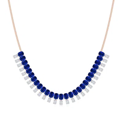 Angara 54.81 Ctw Cushion Rectangular Lab-grown Blue Sapphire And Diamond Fringe Necklace In Rose Gold/deep Rich Blue
