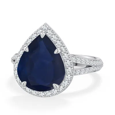Angara 5.71 Ctw Pear Blue Sapphire Halo Engagement Ring With Accents In Platinum/dark Blue