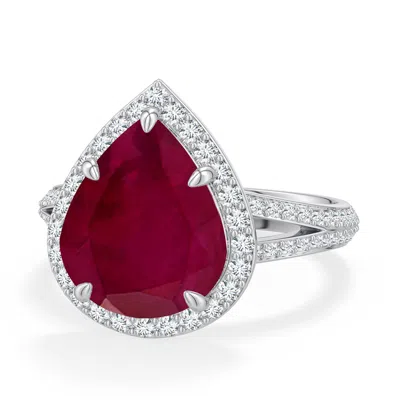 Angara 5.71 Ctw Pear Ruby Halo Engagement Ring With Accents In Platinum/dark Red