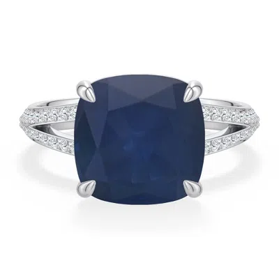 Angara 5.95 Ctw Cushion Blue Sapphire Engagement Ring With Pavé Accents In Platinum/dark Blue