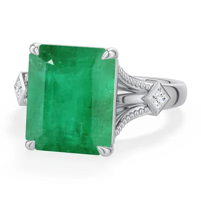 Angara 5.95 Ctw Emerald-cut Emerald Cathedral Engagement Ring With Accents In Platinum/medium Green