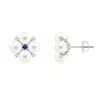 Angara 5mm Freshwater Pearl Floral Studs With Blue Sapphire In White Gold/white