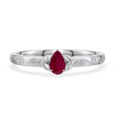 Angara 5x3 Mm Pear-shaped Ruby Leaf Vine Engagement Ring In Platinum/dark Red