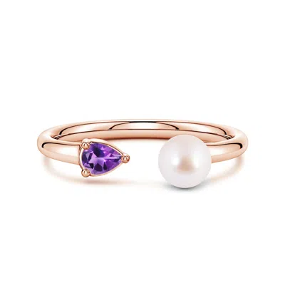 Angara 6 Mm Akoya Pearl And Horizontal Pear Amethyst Open Ring In Gold