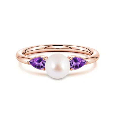 Angara 6 Mm Akoya Pearl And Horizontal Pear Amethyst Side Stone Ring In Gold