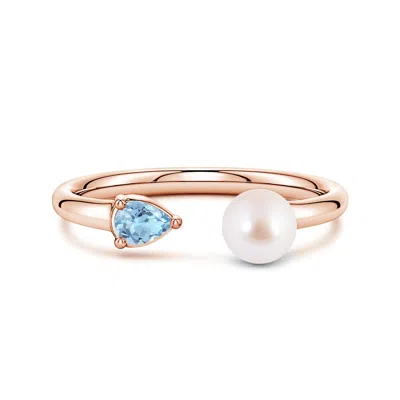 Angara 6 Mm Akoya Pearl And Horizontal Pear Aquamarine Open Ring In Gold