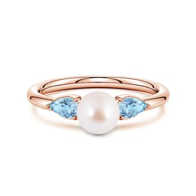 Angara 6 Mm Akoya Pearl And Horizontal Pear Aquamarine Side Stone Ring In Gold
