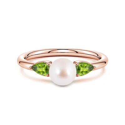 Angara 6 Mm Akoya Pearl And Horizontal Pear Peridot Side Stone Ring In Gold
