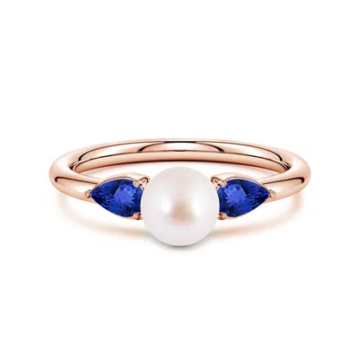 Angara 6 Mm Akoya Pearl And Horizontal Pear Tanzanite Side Stone Ring In Blue