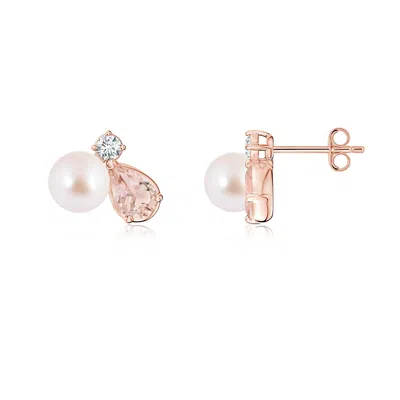 Angara 6 Mm Akoya Pearl And Pear Morganite Cluster Stud Earrings In Gold