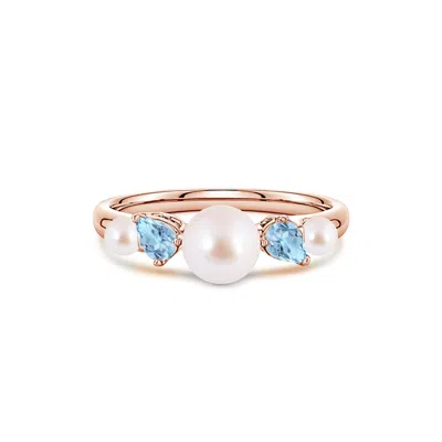 Angara 6 Mm Akoya Pearl And Tilted Pear Aquamarine Tapered Shank Ring In Gold