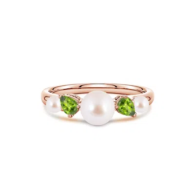 Angara 6 Mm Akoya Pearl And Tilted Pear Peridot Tapered Shank Ring In Gold