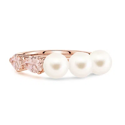 Angara 6 Mm Freshwater Pearl And Horizontal Pear Morganite Asymmetrical Ring In Gold