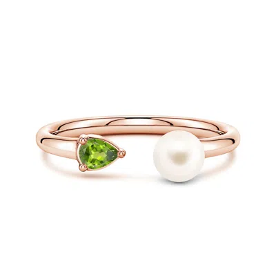Angara 6 Mm Freshwater Pearl And Horizontal Pear Peridot Open Ring In Gold