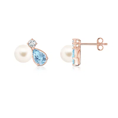 Angara 6 Mm Freshwater Pearl And Pear Aquamarine Cluster Stud Earrings In Multi