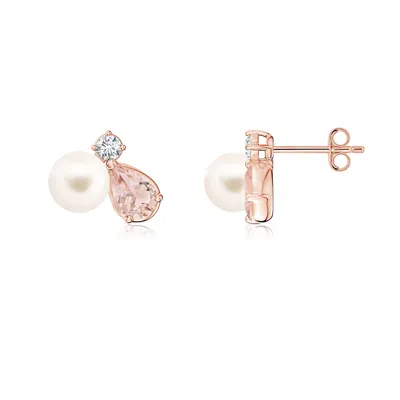 Angara 6 Mm Freshwater Pearl And Pear Morganite Cluster Stud Earrings In Gold
