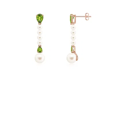 Angara 6 Mm Freshwater Pearl And Pear Peridot Long Dangle Earrings In Multi