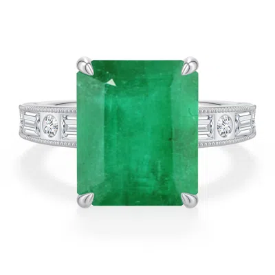 Angara 6.33 Ctw Emerald-cut Emerald Engagement Ring With Multi-shape Accents In Platinum/medium Green