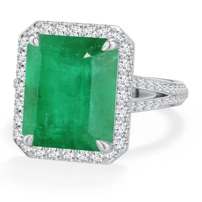 Angara 6.59 Ctw Emerald-cut Emerald Halo Engagement Ring With Accents In Platinum/medium Green