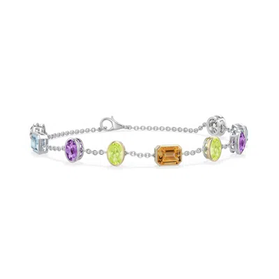 Angara 6.69 Ctw Sterling Silver And 18k Yellow Gold Multi-shape Multi-gemstone Station Bracelet In Silver & 18k Yellow Gold/light Yellow