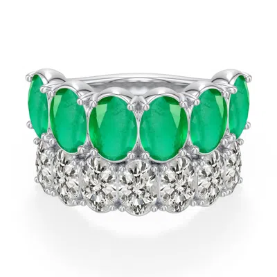 Angara 6.97 Ctw Double-row Oval Emerald And Diamond Cocktail Ring In Platinum/medium Green