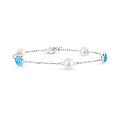 Angara 6mm Japanese Akoya Pearl & Oval Swiss Blue Topaz Bracelet In Metallic