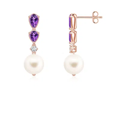 Angara 7 Mm Freshwater Pearl And Graduated Pear Amethyst Drop Earrings In Multi