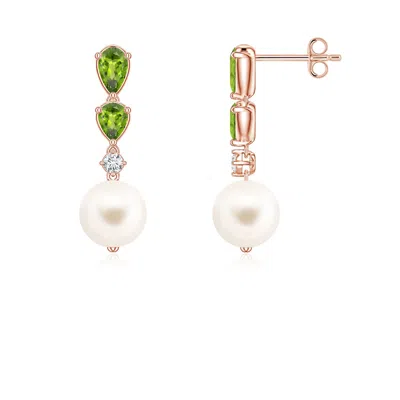 Angara 7 Mm Freshwater Pearl And Graduated Pear Peridot Drop Earrings In Multi