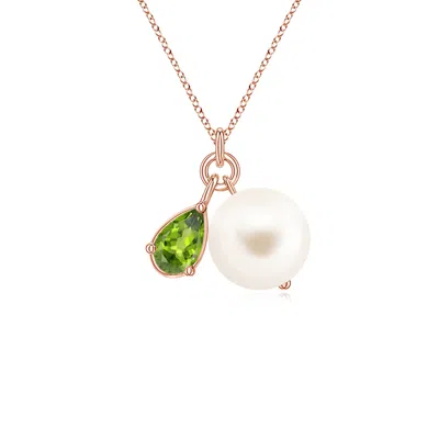 Angara 7 Mm Freshwater Pearl And Pear Peridot Charm Necklace In Gold