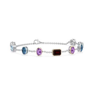 Angara 7.04 Ctw Sterling Silver And 18k Yellow Gold Multi-gemstone Station Bracelet In Silver & 18k Yellow Gold/dark Red