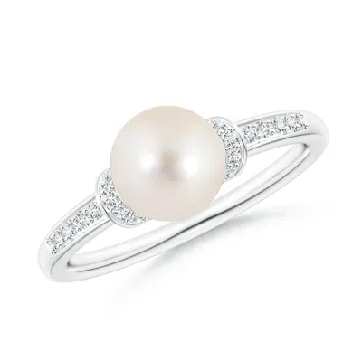 Angara 7mm Freshwater Pearl Ring With Diamond Collar In Metallic