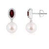 Angara 7mm Japanese Akoya Pearl Halo Earrings With Oval Garnet In White Gold/ivory
