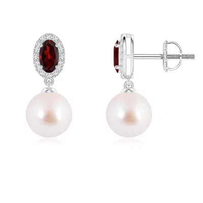 Angara 7mm Japanese Akoya Pearl Halo Earrings With Oval Garnet In Metallic