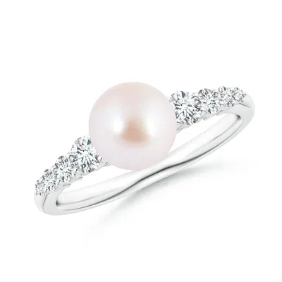 Angara 7mm Japanese Akoya Pearl Ring With Graduated Diamonds In White