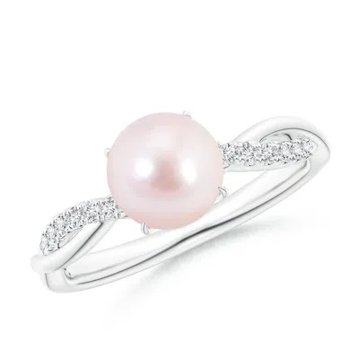 Angara 7mm Japanese Akoya Pearl Twist Shank Ring With Diamonds In Metallic