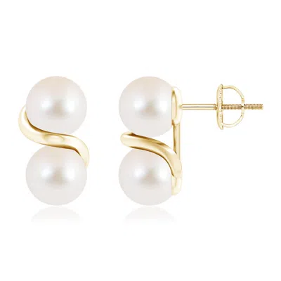 Angara 7mm Two Stone Freshwater Pearl Earrings With Metal Swirl In Gold