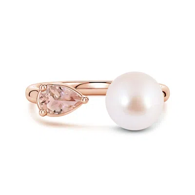 Angara 8 Mm Akoya Pearl And Horizontal Pear Morganite Open Ring In Gold