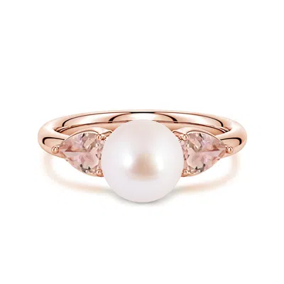Angara 8 Mm Akoya Pearl And Horizontal Pear Morganite Side Stone Ring In Gold