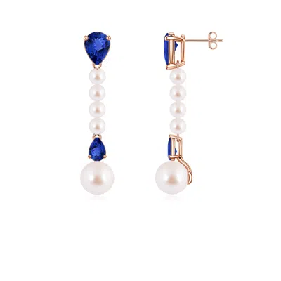 Angara 8 Mm Akoya Pearl And Pear Tanzanite Long Dangle Earrings In Blue