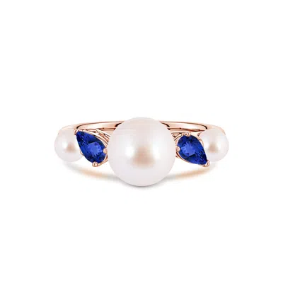 Angara 8 Mm Akoya Pearl And Tilted Pear Tanzanite Tapered Shank Ring In Blue