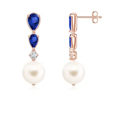 Angara 8 Mm Freshwater Pearl And Graduated Pear Tanzanite Drop Earrings In Gold