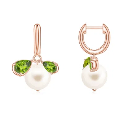 Angara 8 Mm Freshwater Pearl And Pear Peridot Huggie Hoop Drop Earrings In Gold