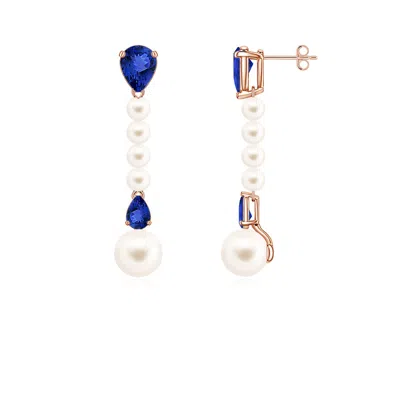 Angara 8 Mm Freshwater Pearl And Pear Tanzanite Long Dangle Earrings In Gold