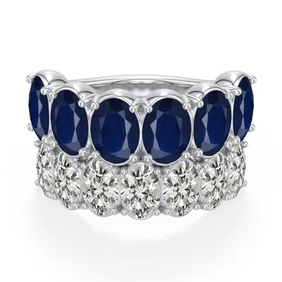Angara 8.11 Ctw Double-row Oval Blue Sapphire And Diamond Cocktail Ring In Platinum/dark Blue
