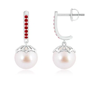 Angara 8mm Classic Japanese Akoya Pearl & Ruby Dangle Earrings In Red
