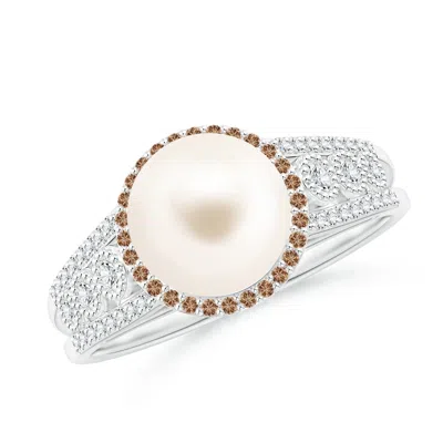 Angara 8mm Freshwater Pearl And Coffee Diamond Halo Ring In White