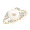Angara 8mm Freshwater Pearl And Leaf Ring With Diamonds In Yellow Gold/white