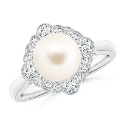 Angara 8mm Freshwater Pearl Cushion Halo Engagement Ring In Metallic