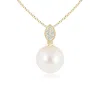 Angara 8mm Freshwater Pearl Pendant With Diamond Leaf Bale In Yellow Gold/white